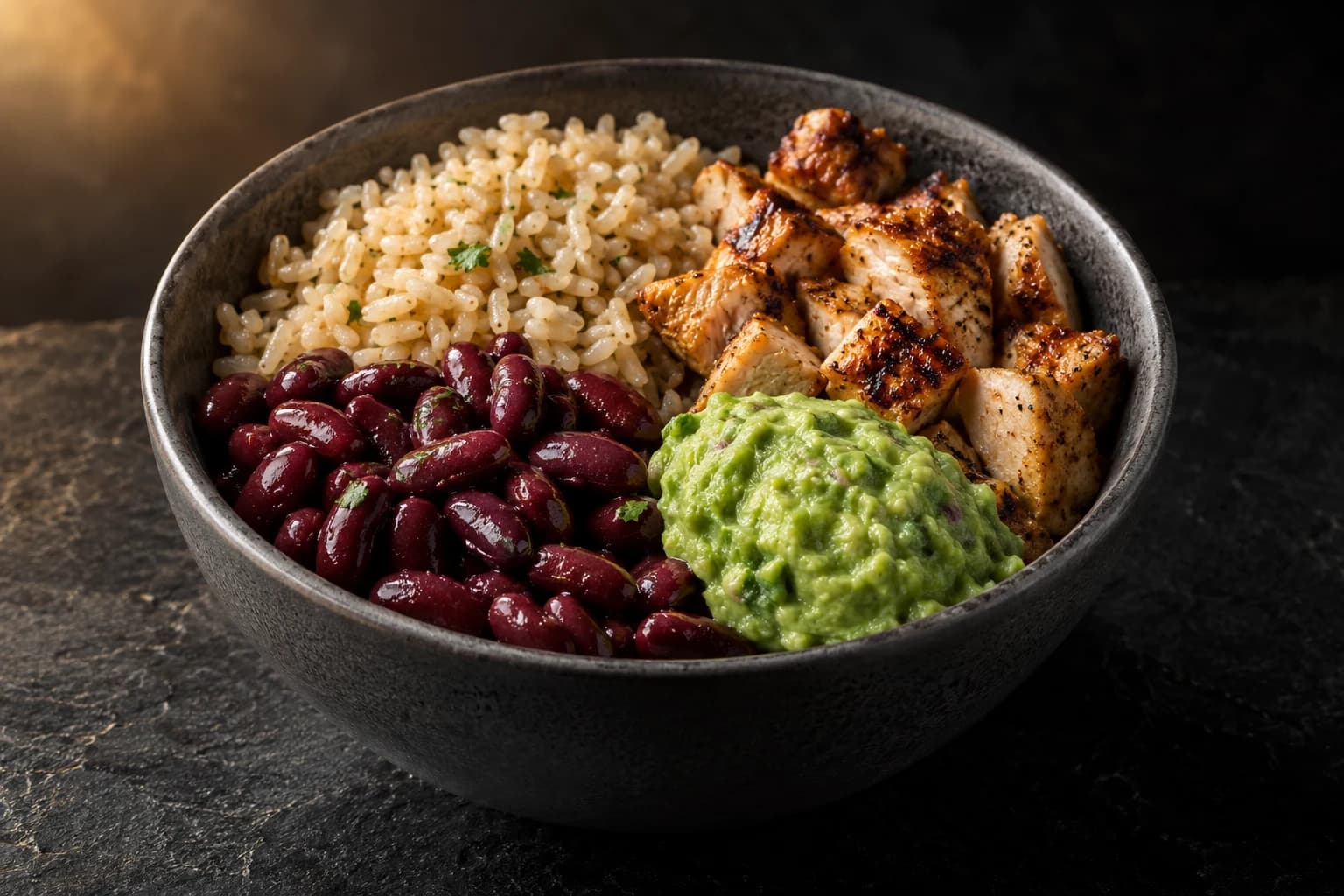Burrito bowl poulet, riz complet et haricots rouges