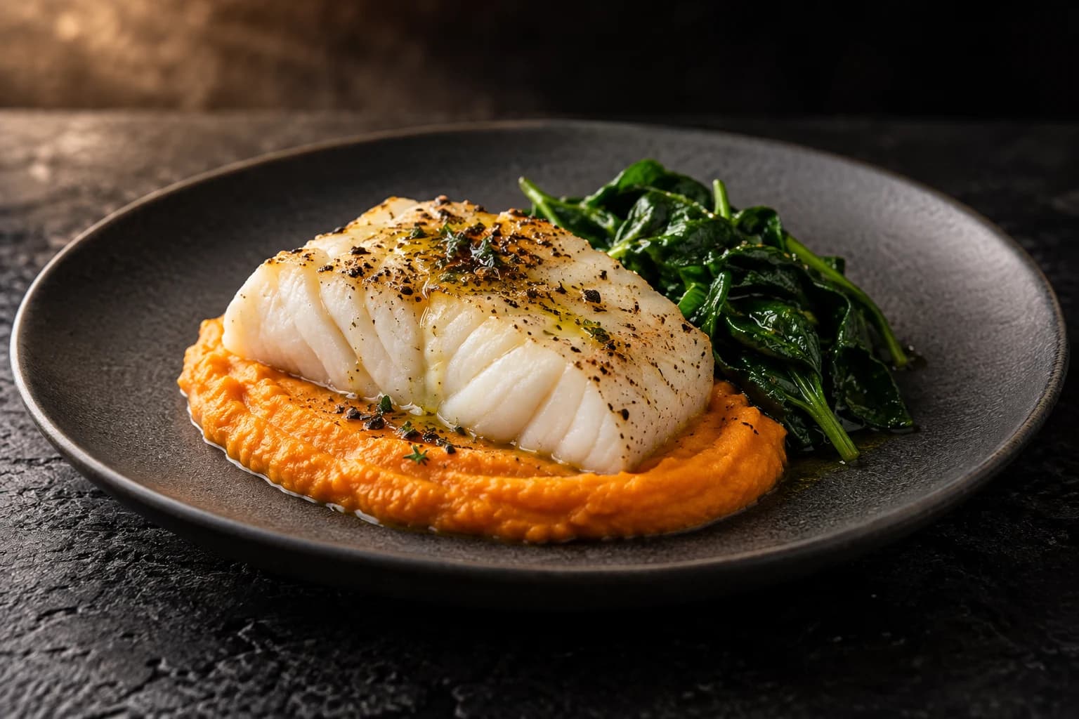 Cabillaud vapeur, purée de patate douce et épinards
