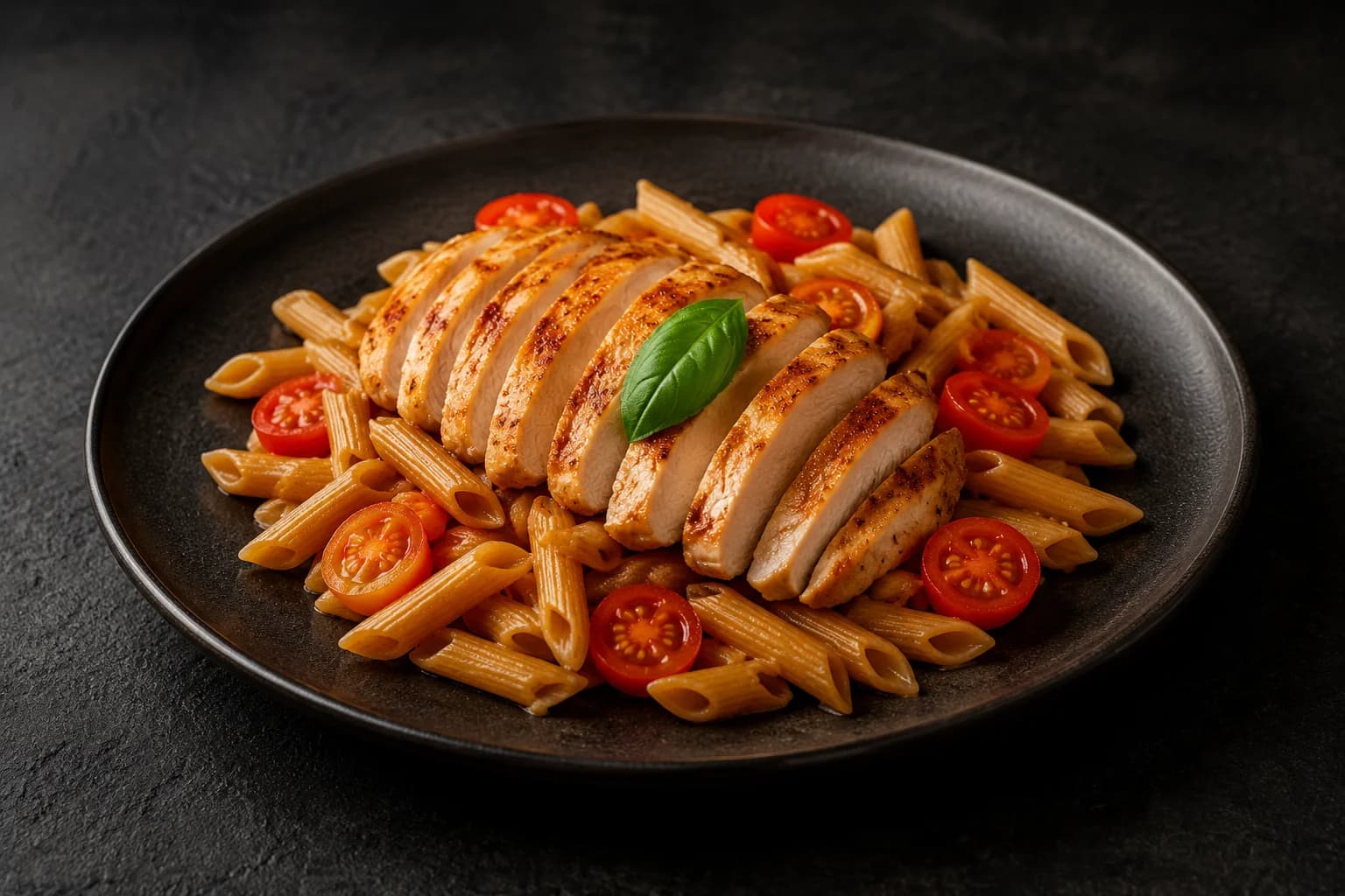 Escalope de dinde, pâtes complètes et tomate