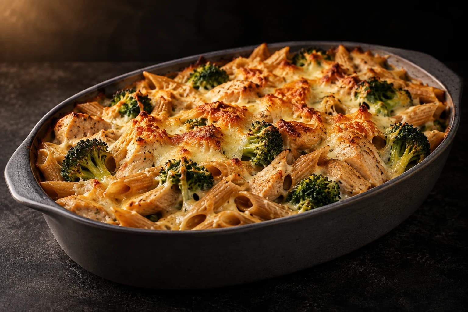 Gratin de pâtes complètes, poulet et brocoli