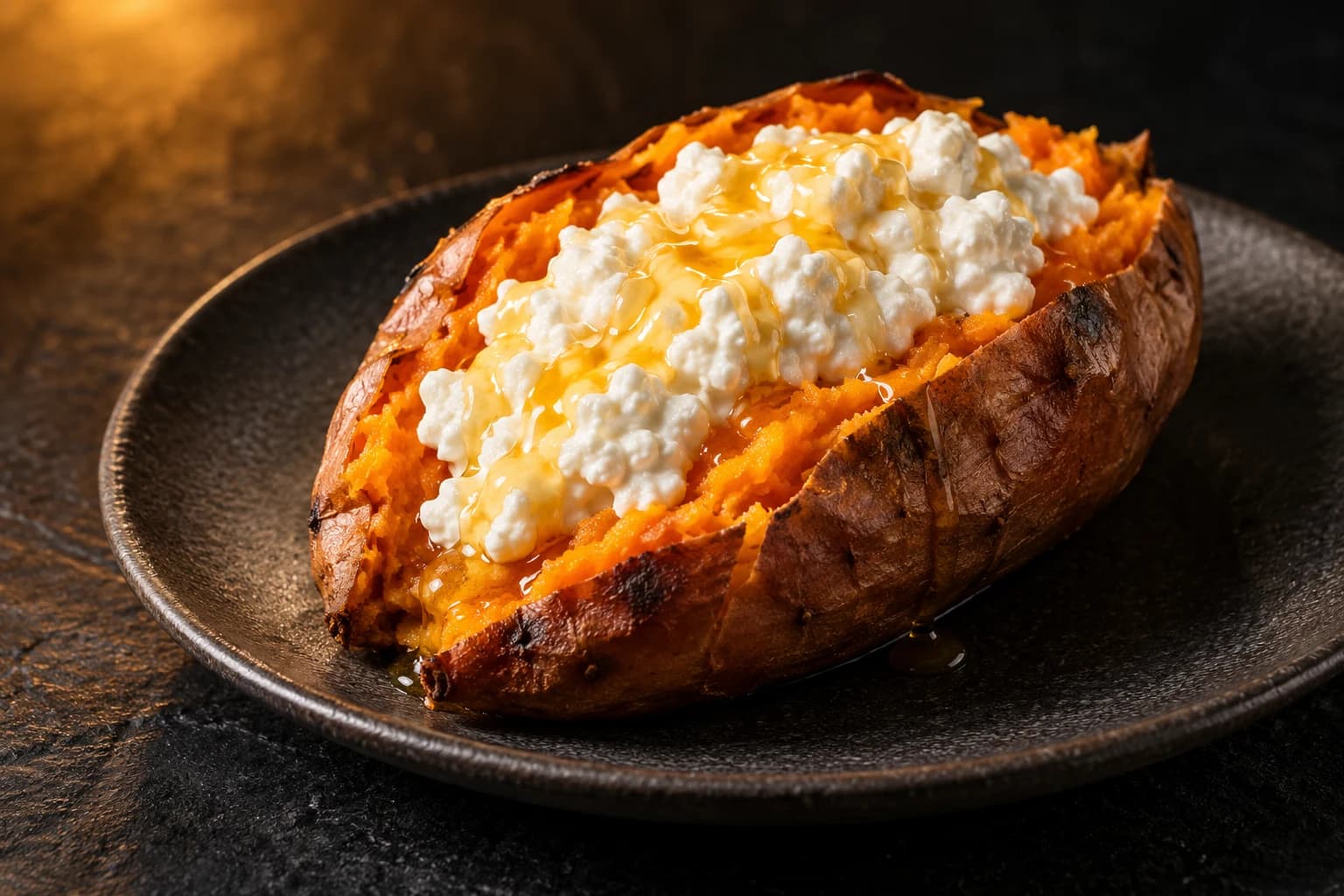 Patate douce au four, cottage cheese et miel