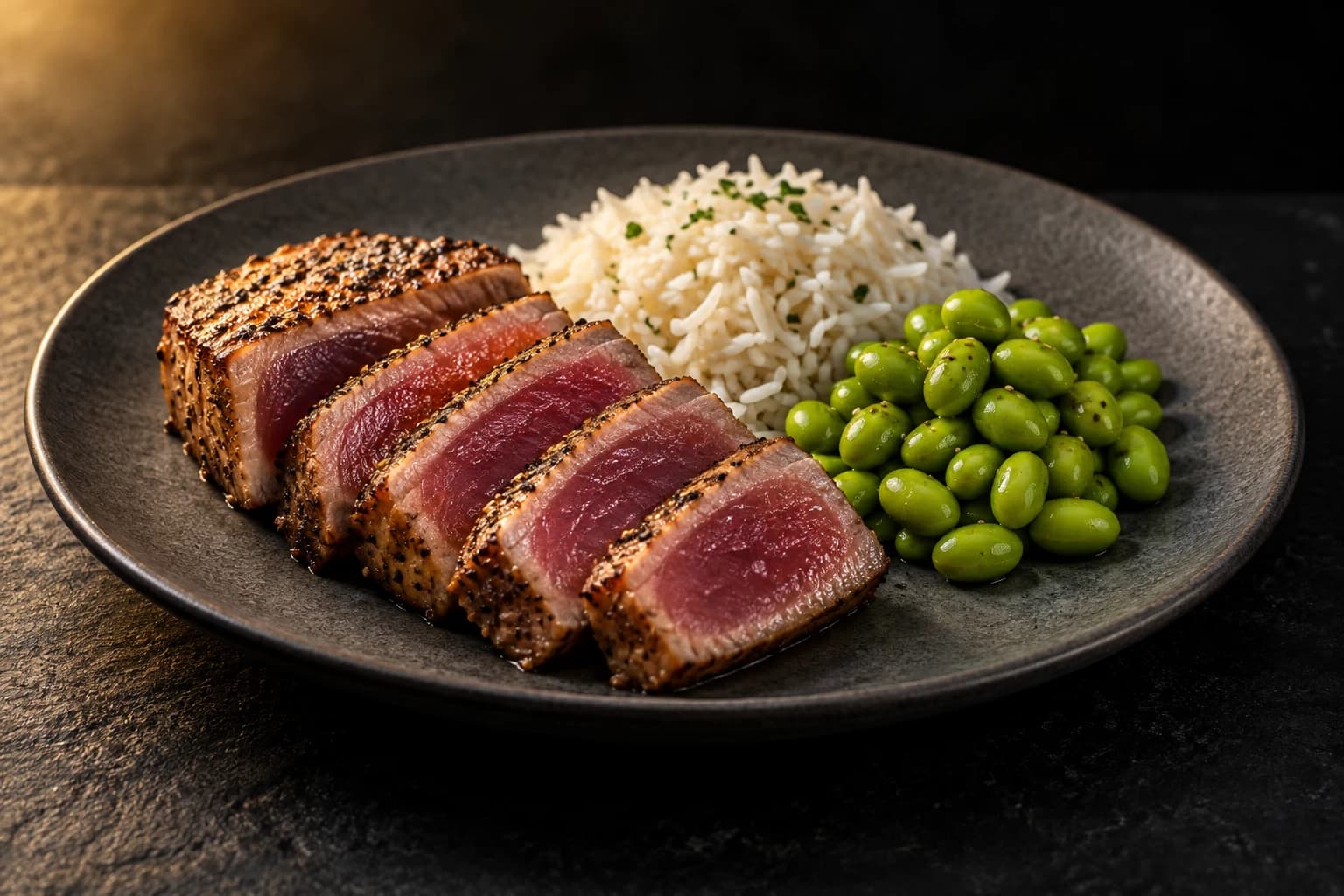 Pavé de thon mi-cuit, riz basmati et edamame