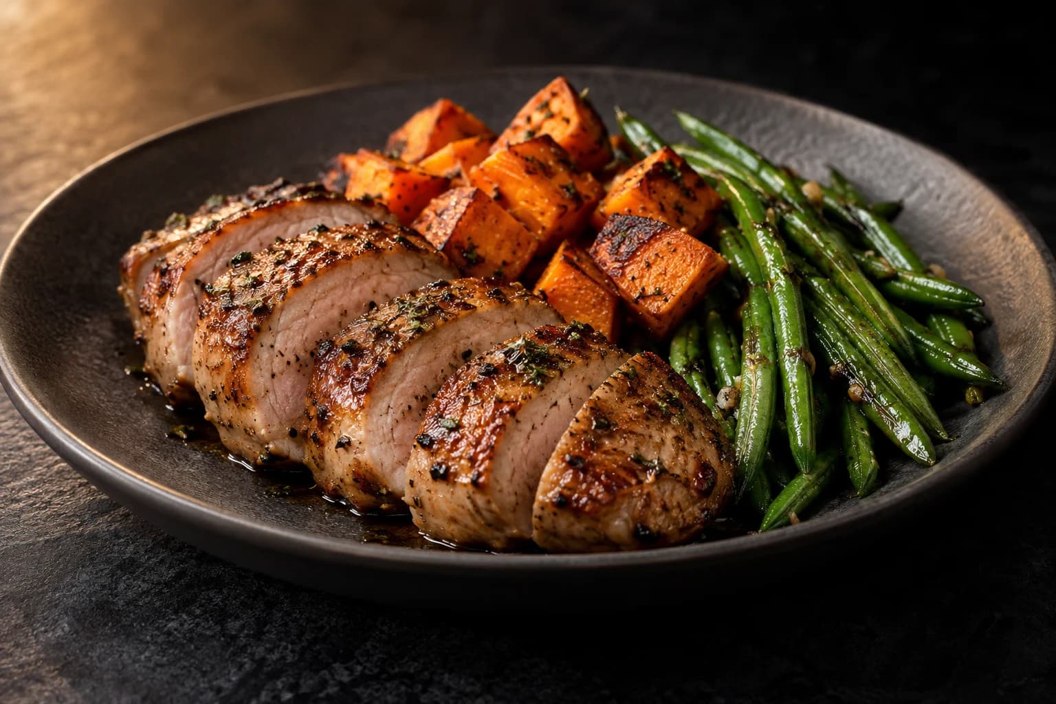 Poêlée de filet mignon de porc, patate douce et haricots verts