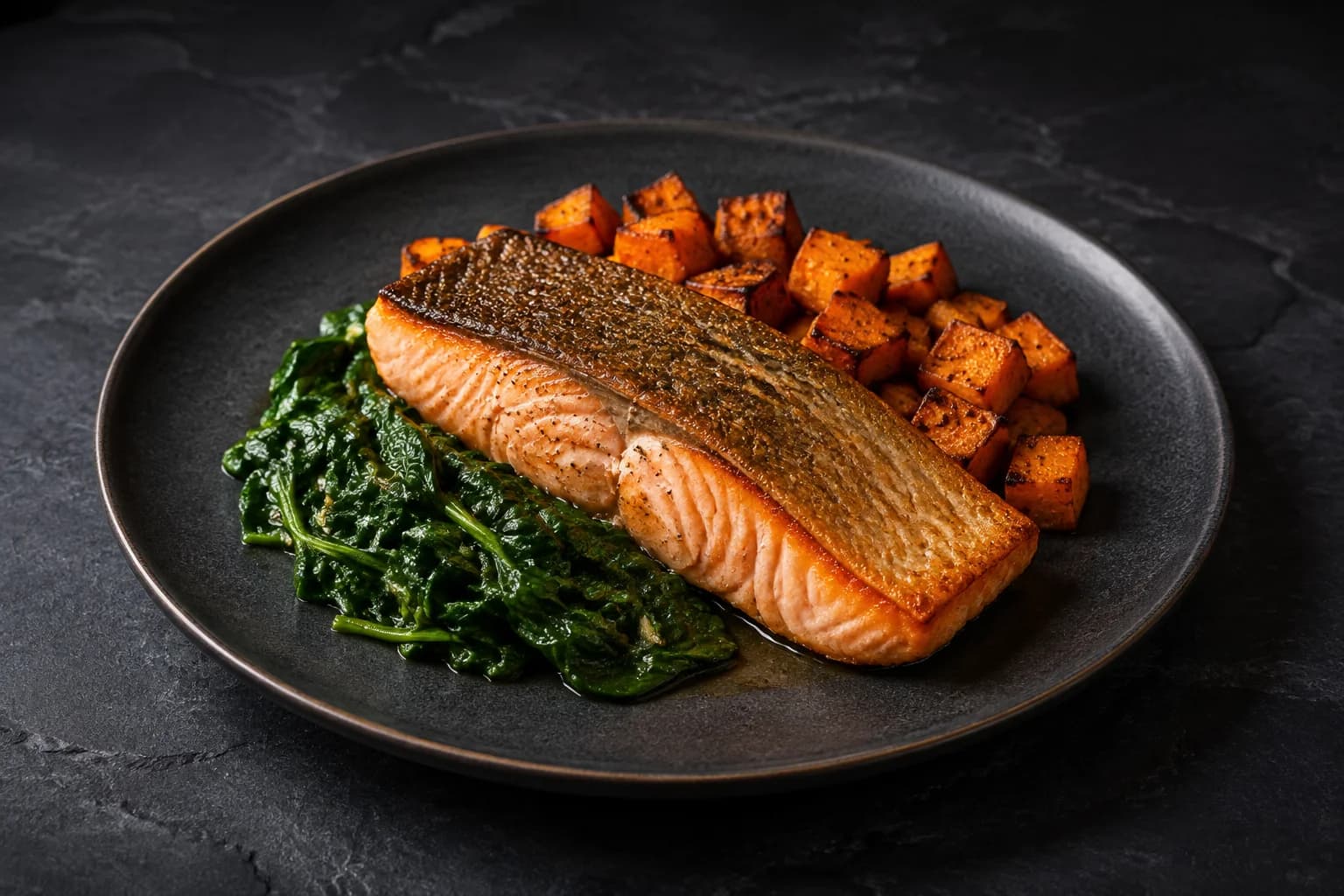 Saumon rôti, patate douce et épinards