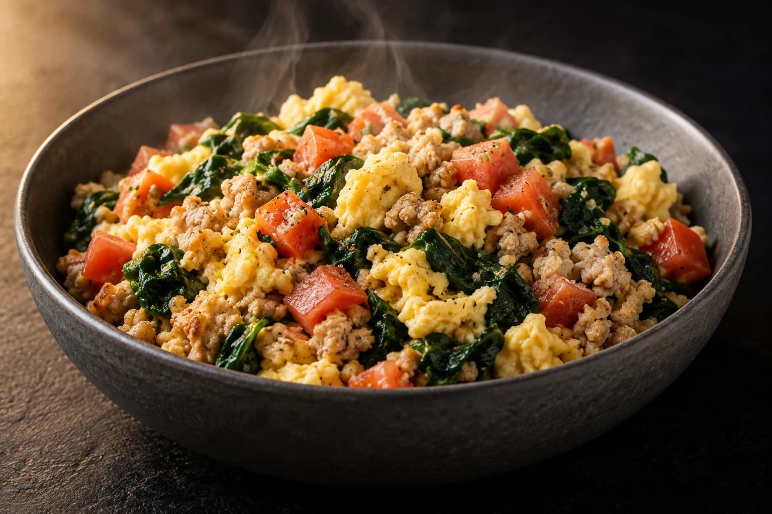 Scramble dinde, épinards et tomates