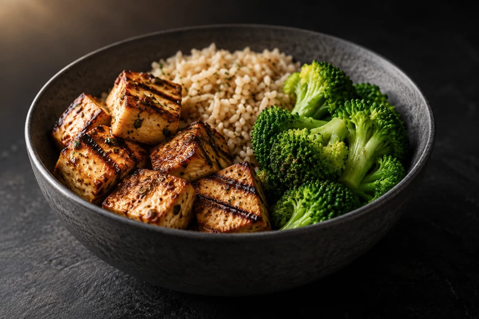 Tofu mariné grillé, riz complet et brocoli