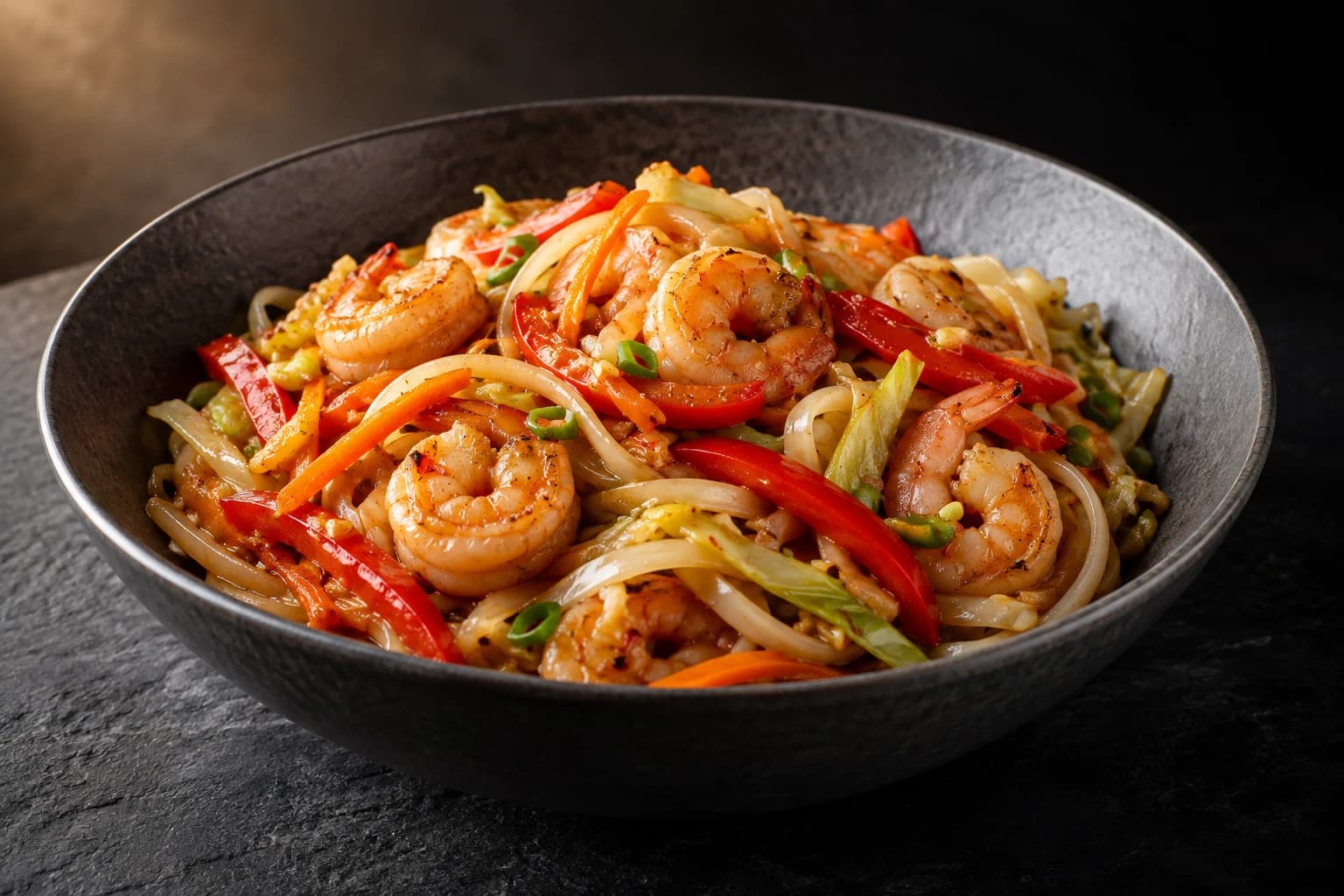 Wok de crevettes, nouilles de riz et légumes